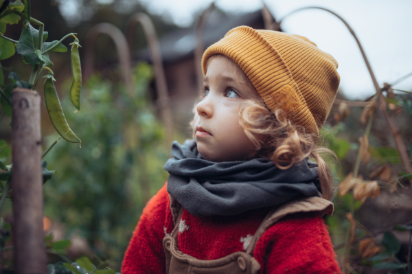 Portrait of little blond girl in autumn garden in warm clothes.