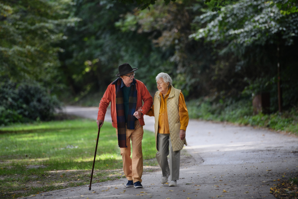 Happy senior couple in autumn clothes walking in park together.