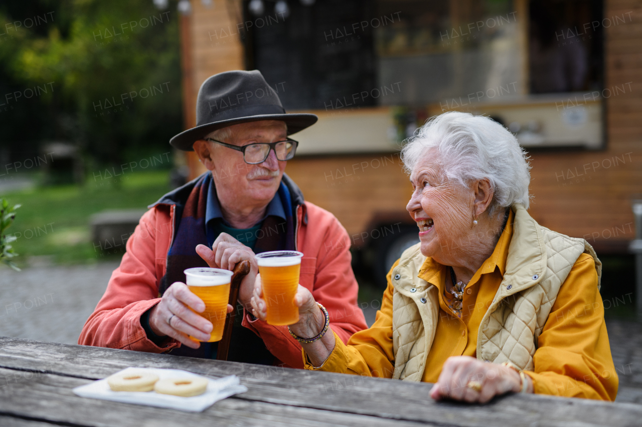 Happy senior couple in forest buffet resting after walk, having a beer and small cake.