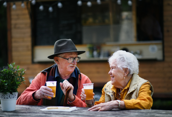 Happy senior couple in forest buffet resting after walk, having a beer and small cake.