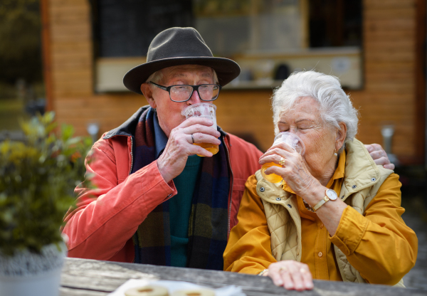 Happy senior couple in forest buffet resting after walk, having a beer.