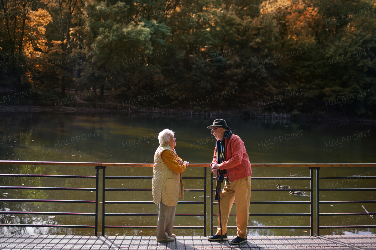 Happy senior couple at autumn walk near a lake, having break.