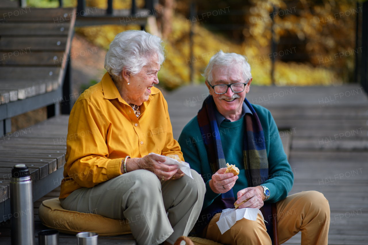 Happy senior couple in autumn clothes having picnic near a lake after walk.