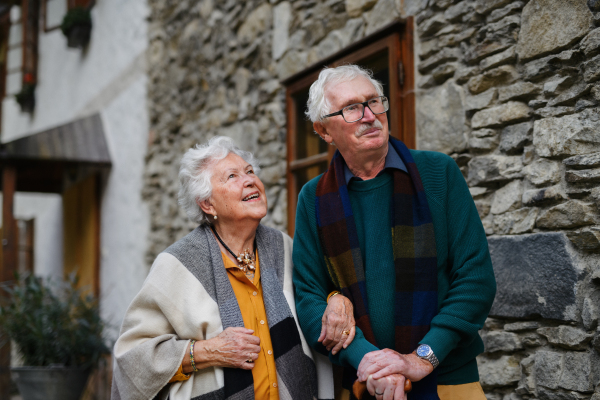 Happy senior couple posing near their old countryside house.