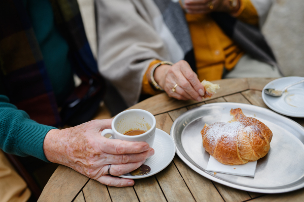 Close-up of senior couple enjoying cup of coffee and cake outdoor in a cafe.