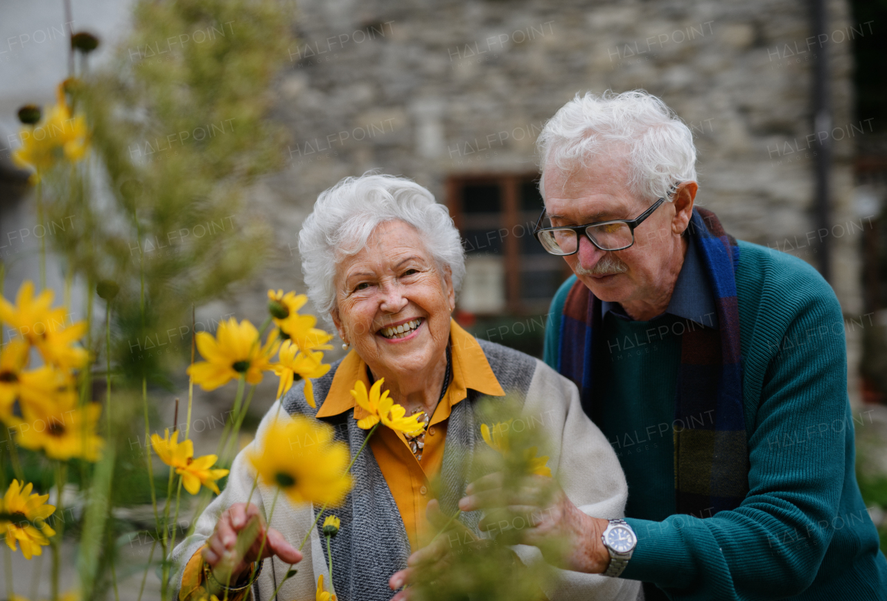 Happy senior couple at autumn city walk, posing with the flowers.