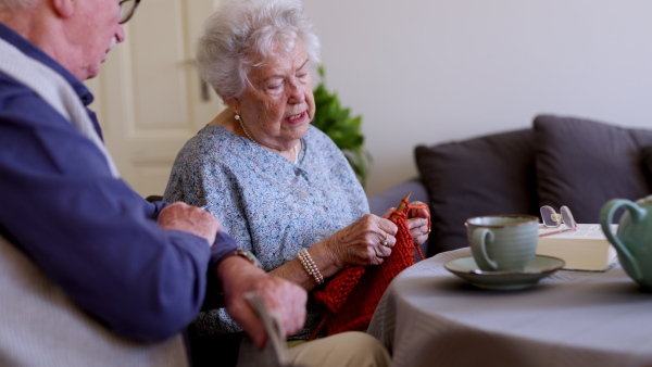 Video of senior couple at home. Senior woman knitting.