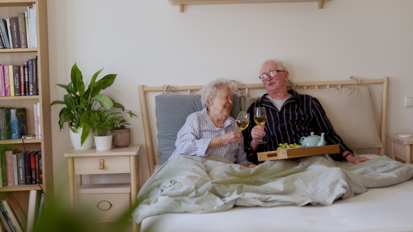 Video of senior couple enjoying breakfast in a bed. Senior couple in love.