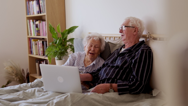 Video of senior couple enjoying morning in bed while watching something on laptop. Senior couple in love.