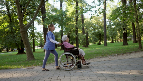 Video of a nurse on a walk in a public park with one of the disabled patients.