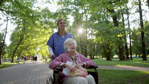 Video of a nurse on a walk in a public park with one of the disabled patients.