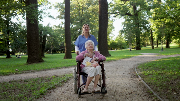 Video of a nurse on a walk in a public park with one of the disabled patients.