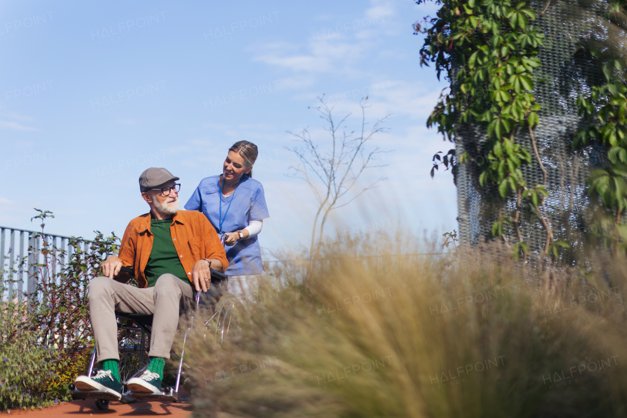 Nurse pushing senior man in a wheelchair. Female caregiver and elderly man enjoying a warm spring, autumn day in nursing home, residential care home.