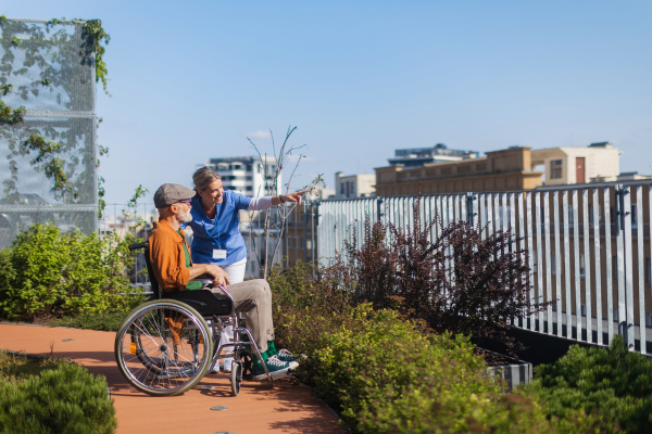 Nurse pushing senior man in a wheelchair. Female caregiver and elderly man enjoying a warm autumn day in nursing home, residential care home.