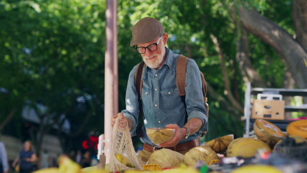 Portrait of senior man shopping at market in the city. Elderly man buying fresh vegetables and fruits from market stall.