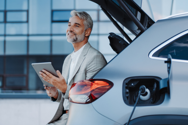 Businessman using tablet while charging a car at electric vehicle charging station, close-up.