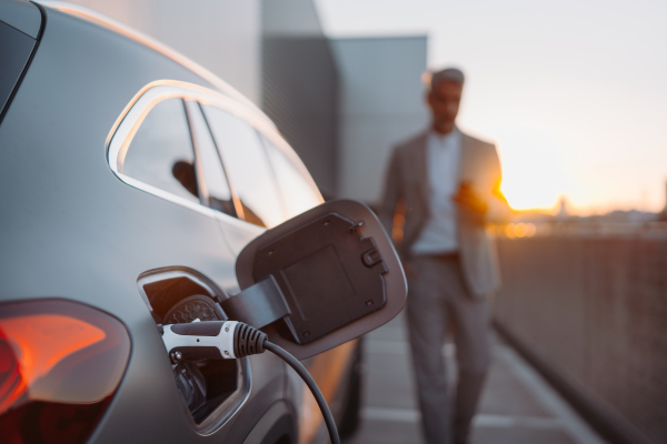 Close up of electric car charging, businessman standing in a background and waiting.