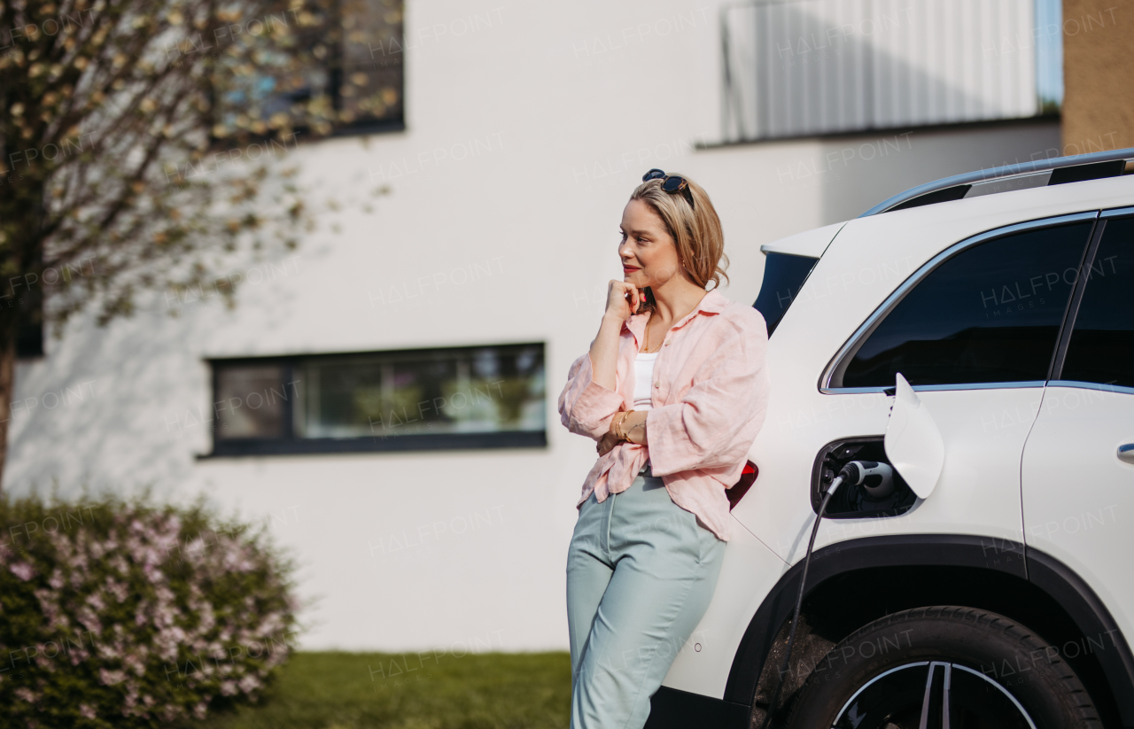 Young woman charging electric car in home, sustainable and economic transportation concept.