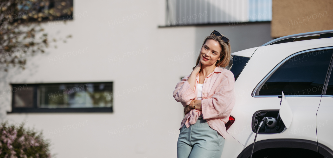 Young woman charging electric car in home, sustainable and economic transportation concept.