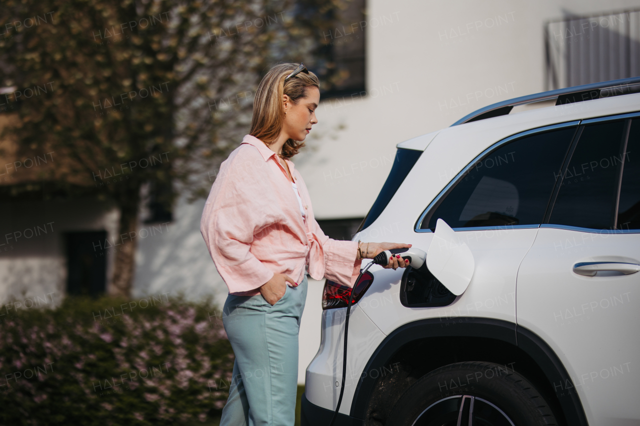 Woman charging the electric car, sustainable and economic transportation concept.