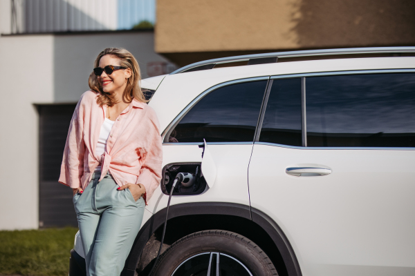 Young woman charging electric car in home, sustainable and economic transportation concept.