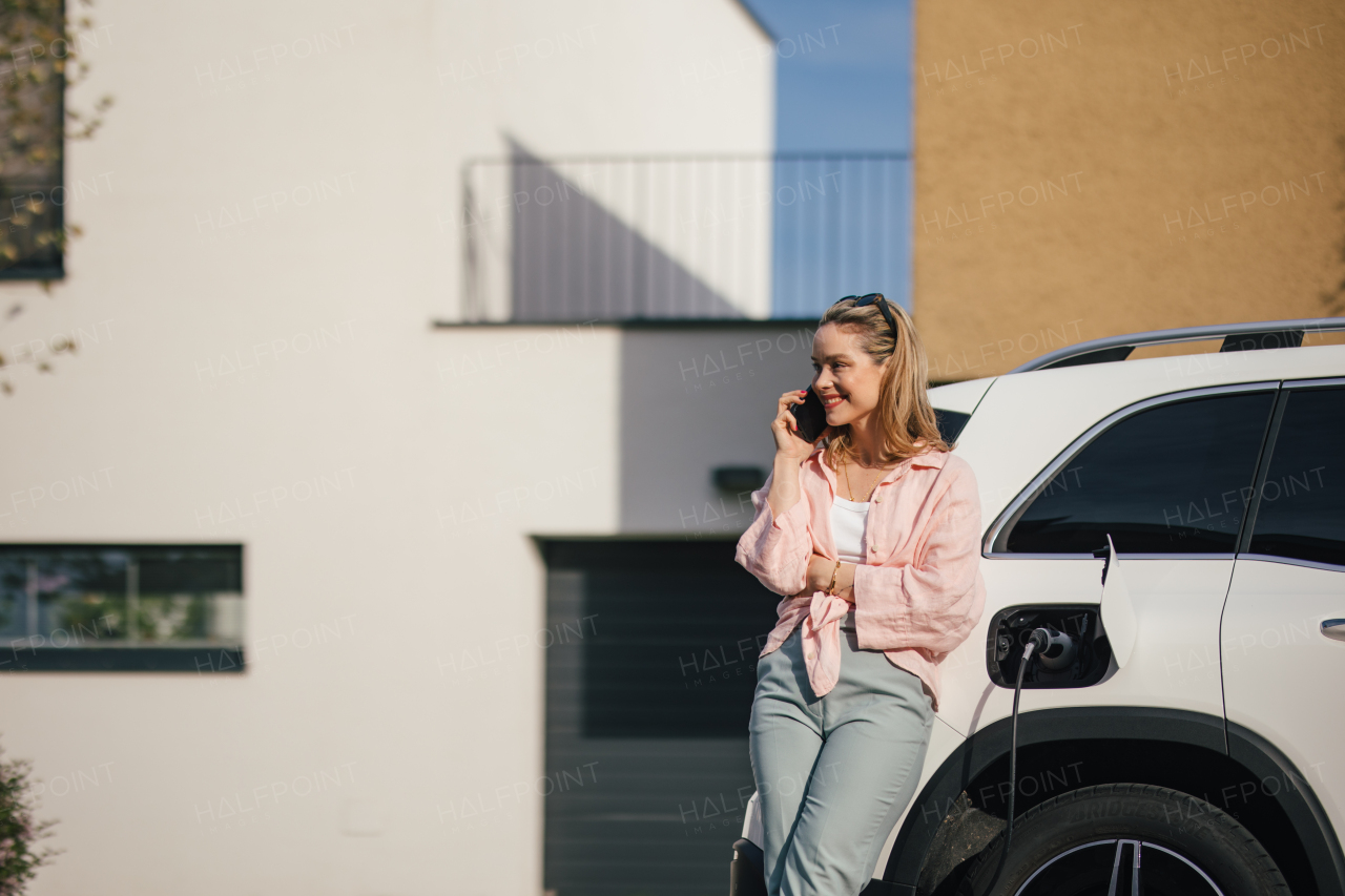 Young woman calling and charging electric car in home, sustainable and economic transportation concept.