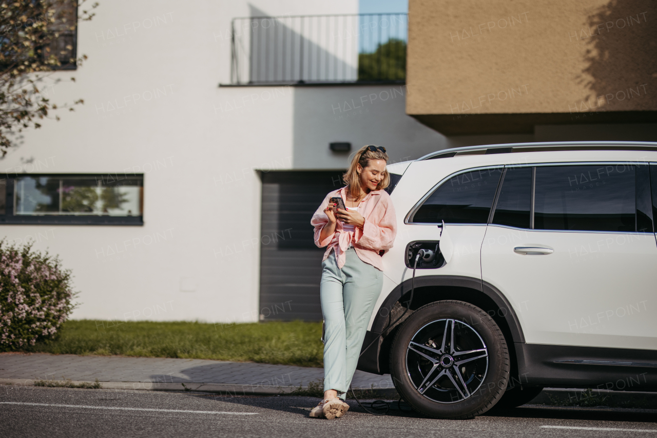 Young woman charging electric car in home, sustainable and economic transportation concept.