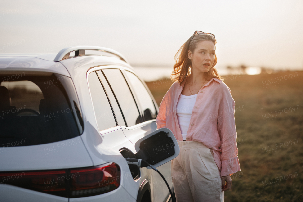 Woman charging the electric car, prepared for charging it, sustainable and economic transportation concept.