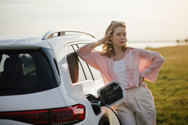 Woman charging the electric car, prepared for charging it, sustainable and economic transportation concept.