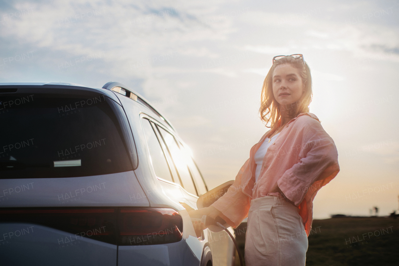 Young woman holding power supply cable from her car, prepared for charging it, sustainable and economic transportation concept.