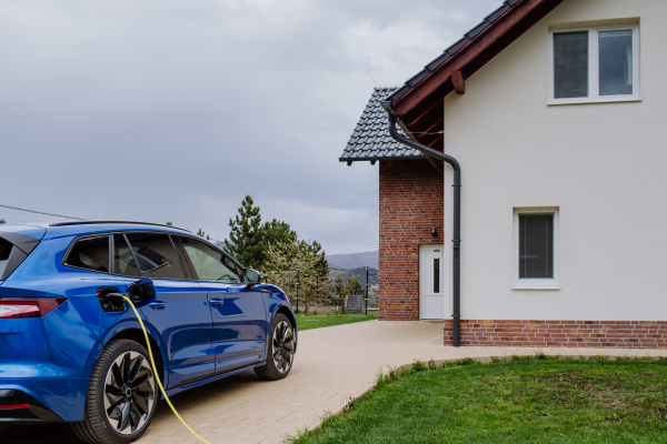 Close-up of electric car charging near a family house.