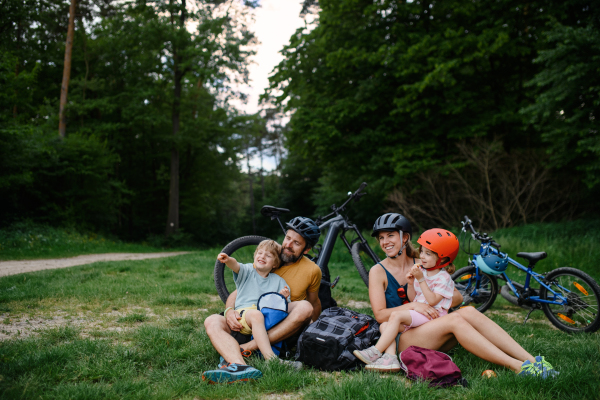 A young family with little children resting after bike ride, sitting on grass in park in summer.