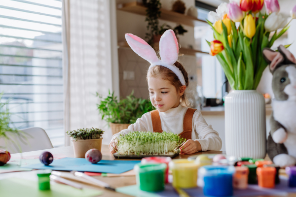 Happy girl looking at growing plant after decorating easter eggs.