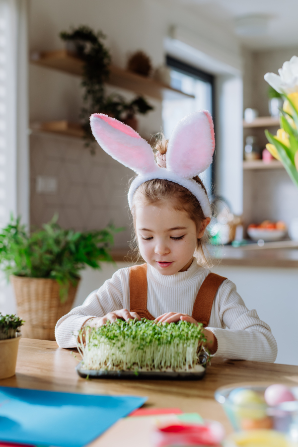 Happy girl looking at growing plant after decorating easter eggs.