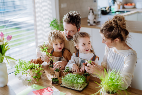 Happy family planting herbs together during spring.