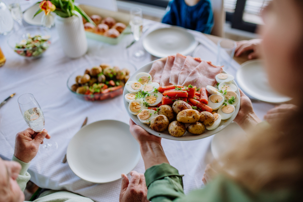 High angle view of Easter setting table with the traditional meals.