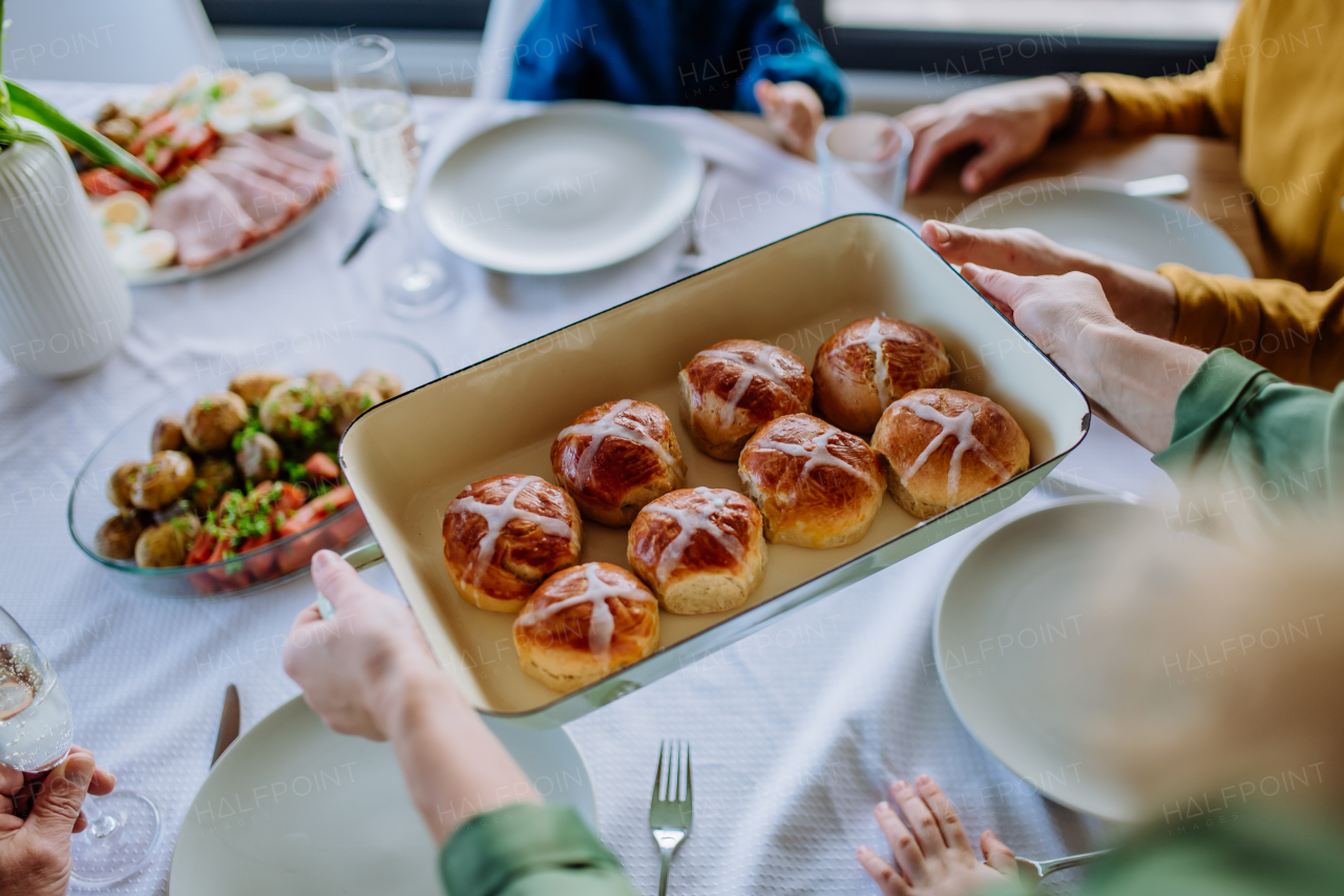 High angle view of Easter setting table with the traditional meals.