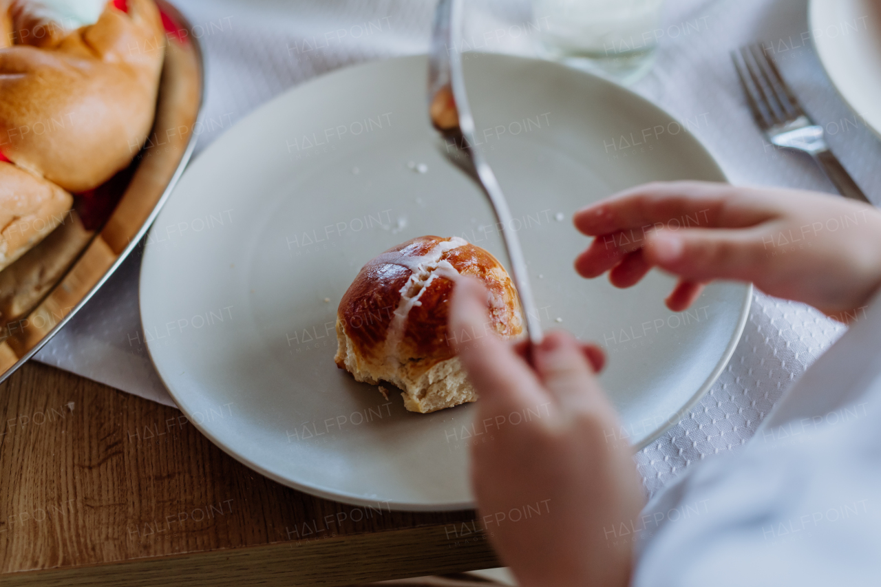 Close-up of a traditional Easter pastries- hot cross buns.