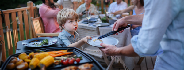 A father putting grilled meat and vegetable on plate to his son during family summer garden party.