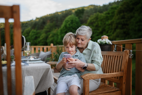 Little boy with his grandmother looking in smartphone during garden party.