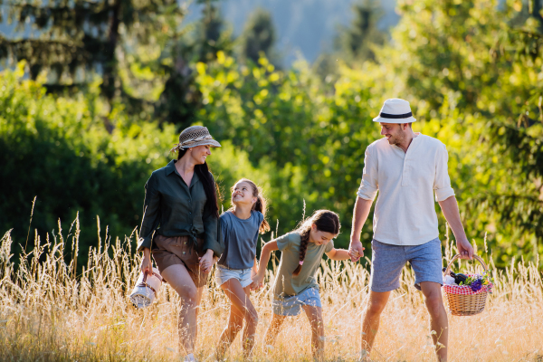 A happy young parents with daughters walking for picnic in nature in summer day.