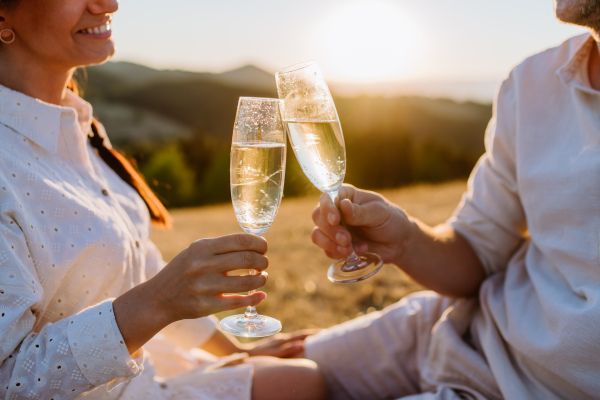 Close up of couple in love enjoying picnic and drinking a wine on the hill at sunset.