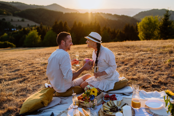 An attractive couple in love enjoying picnic and drinking wine on the hill at sunset.