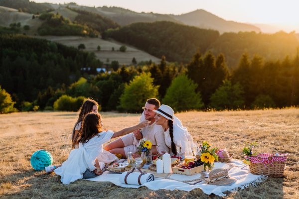 Happy family with children having picnic in the nature.