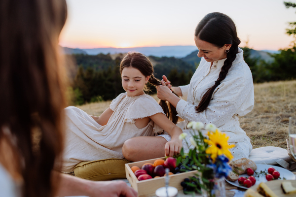 A happy family with children having picnic in park,celebrating, moher combing her daughter.