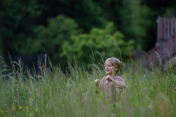 Happy boy playing and running on the meadow.