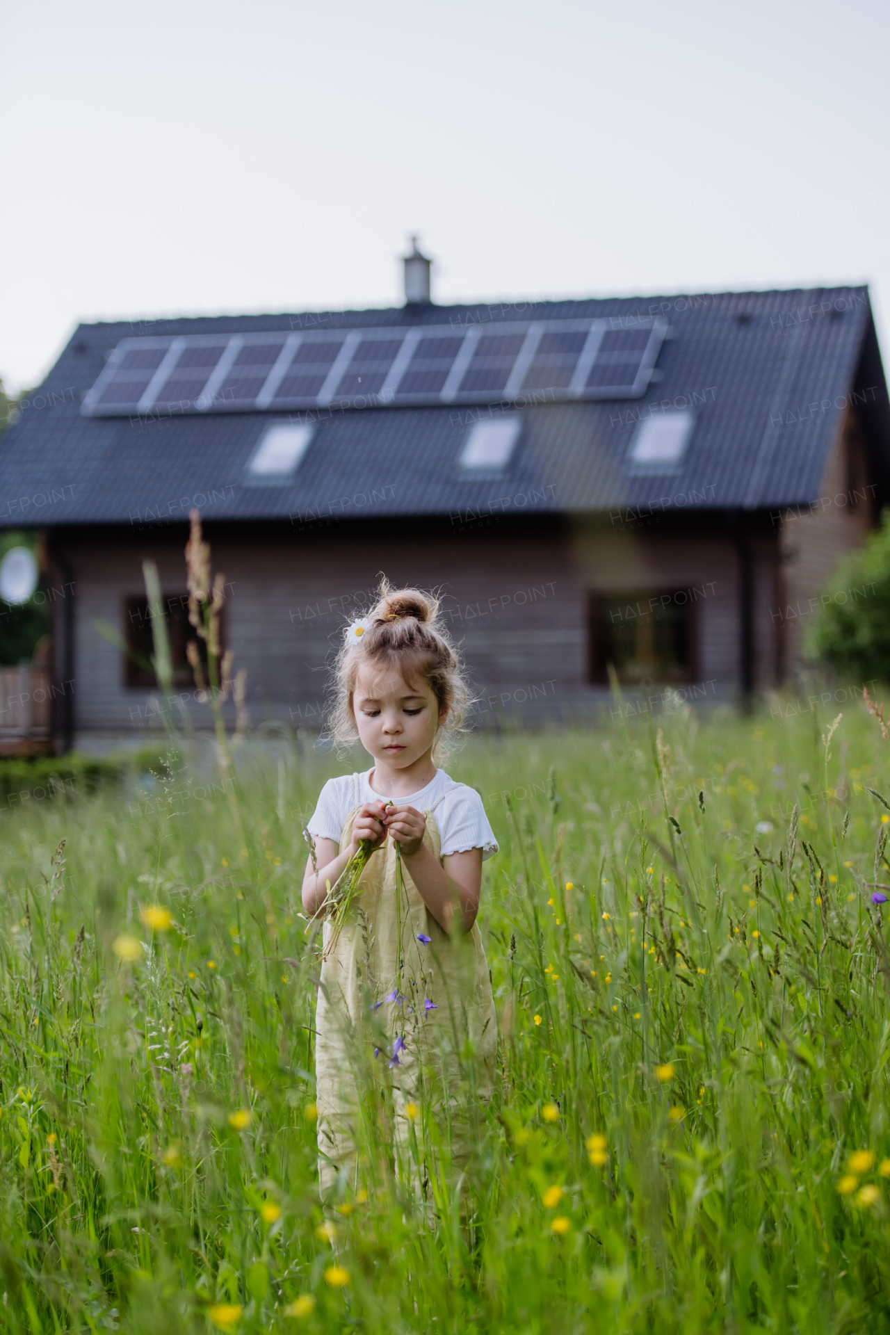 Portrait of a little girl in front of family house with solar panels, concept of sustainable lifestyle and renewable resources.