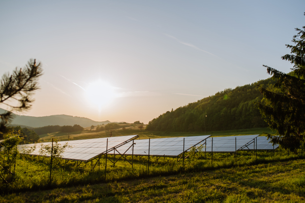 Close up of solar power station on the meadow.