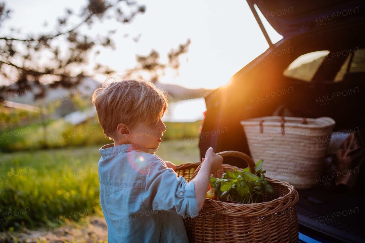 Little boy giving picnic basket in the electric car.