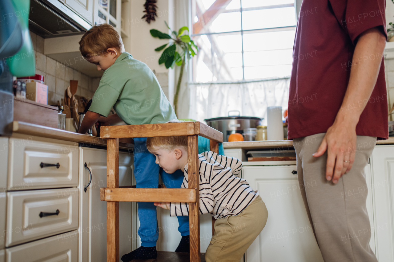 Family preparing breakfast in home kitchen in the morning. Spending time together before going to school and to work.